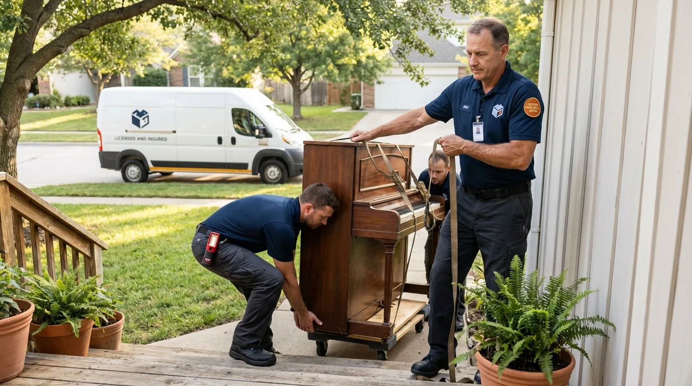 Licensed piano movers securing grand piano in Glen Cove, NY