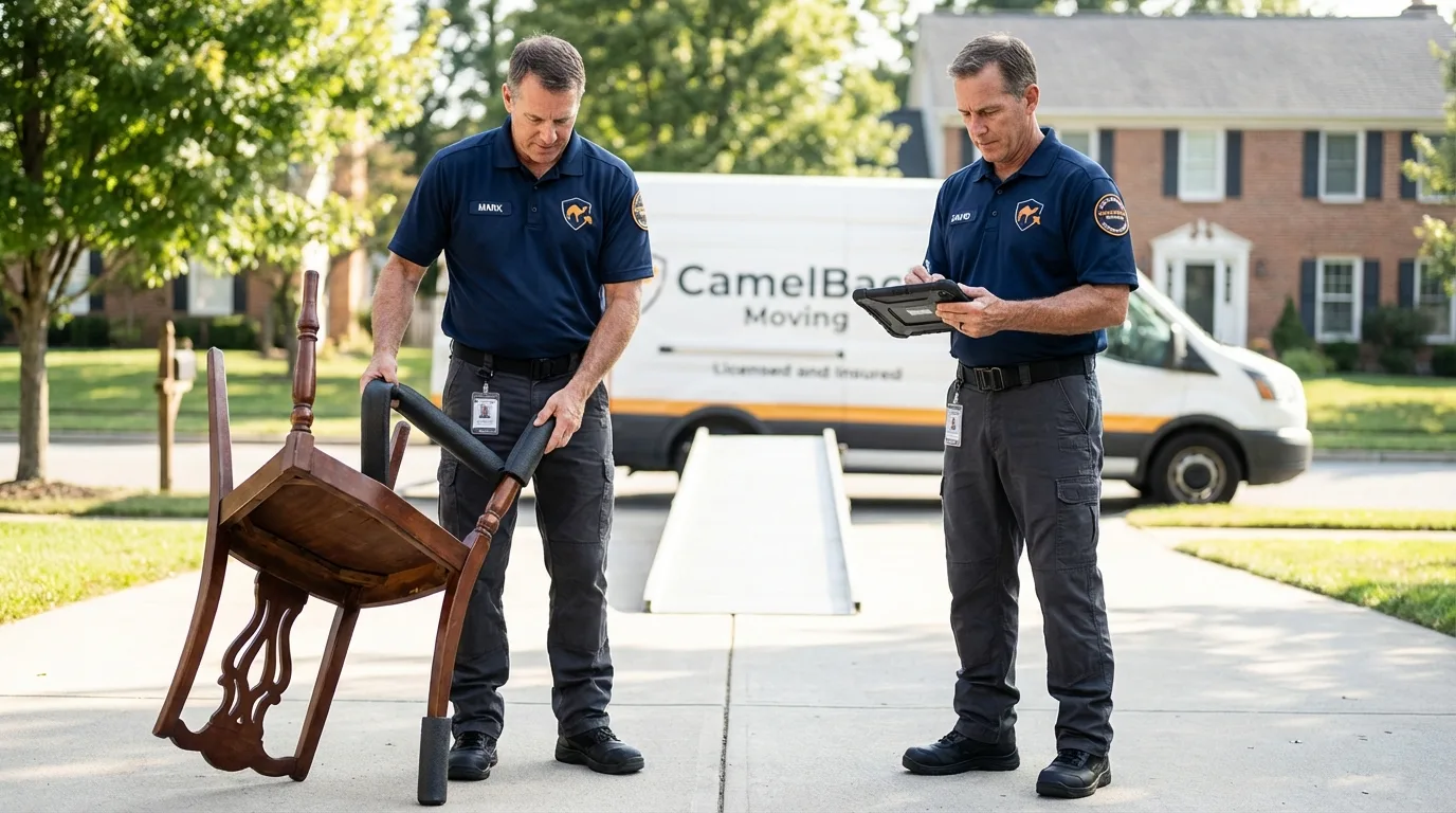 Movers inspecting furniture for damage prevention before loading in Glen Cove, NY
