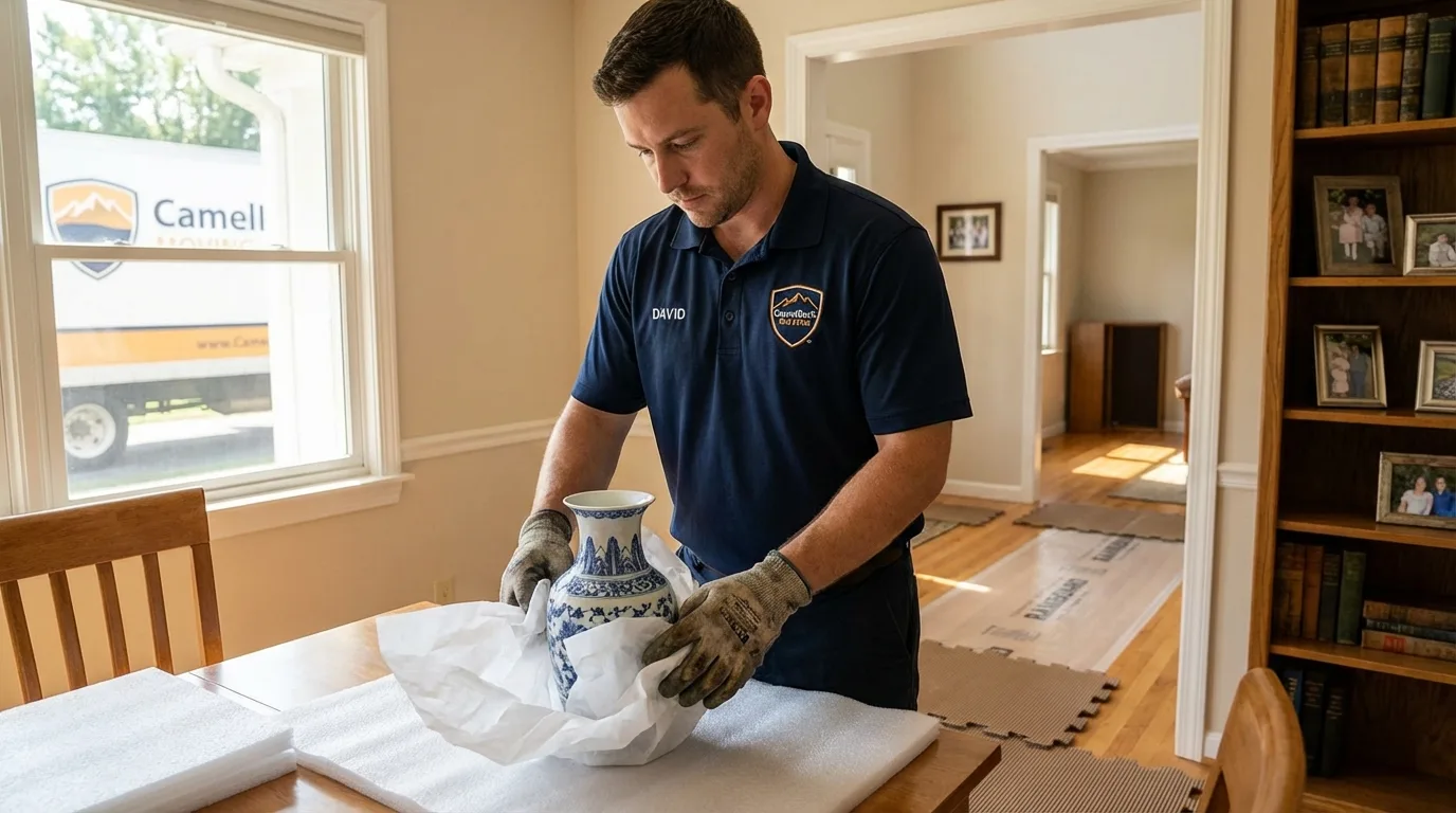 Professional crew carefully wrapping antique vase for senior downsizing move in Glen Cove, NY